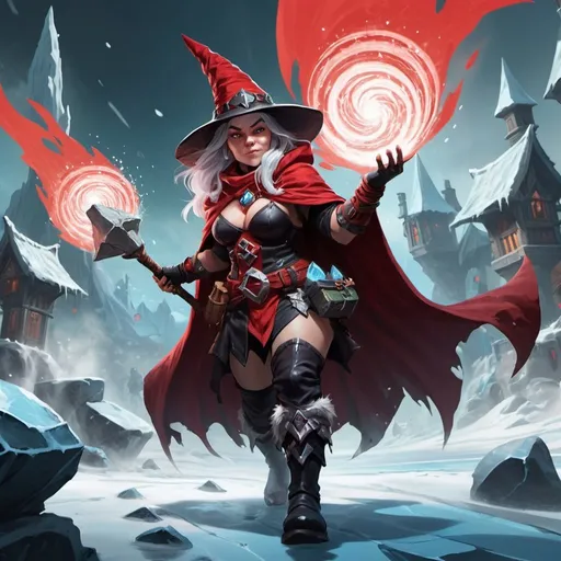 Prompt: a dwarf woman witch from Dungeons and Dragons in a red and black mantle and boots causes a frost vortex, Dr. Atl, vanitas, league of legends splash art, cyberpunk art