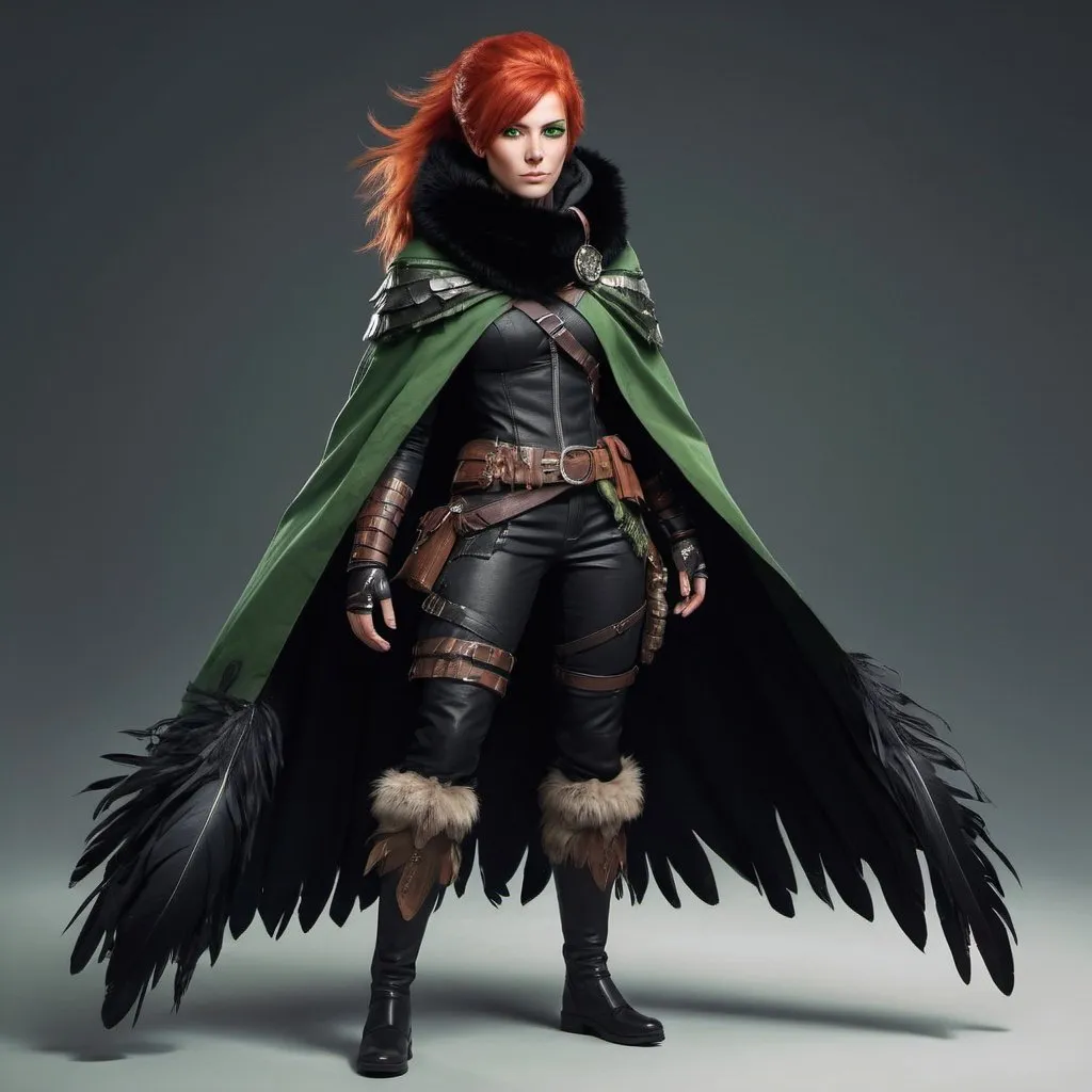 Prompt: a scandinavian woman monster hunter with red hair and green eyes wearing a black outfit and cape and a black scarf with green feathers on her head and a black snood around her neck and on her chest, full length, Dirk Crabeth, dau-al-set, a character portrait