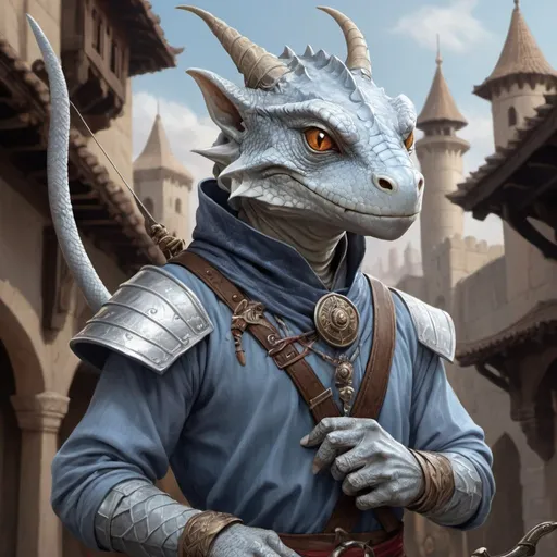 Prompt: a silver lizard-kobold from Dungeons and Dragons with a horned head and a bow in his hand wearing pale indigo arabic clothes, holding a bow at the ready in his hand, standing in front of a medieval oriental fantasy city background, Dr. Atl, vanitas, epic fantasy character art, a character portrait