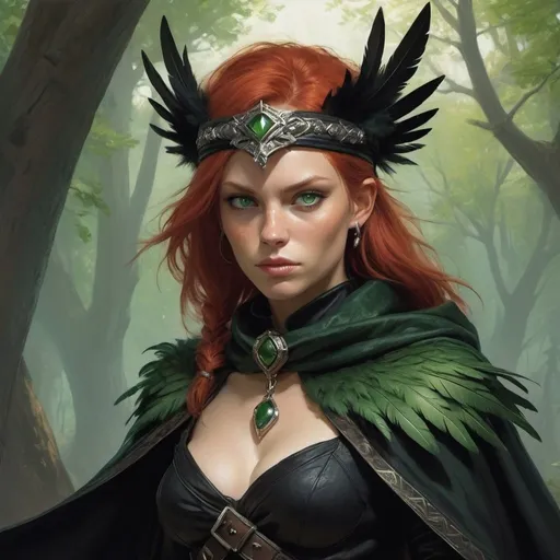 Prompt: a scandinavian woman monster hunter with red hair and green eyes wearing a black outfit and cape and a black scarf with green feathers on her head and a black snood around her neck and on her chest, full length, Donato Giancola, dau-al-set, a character portrait