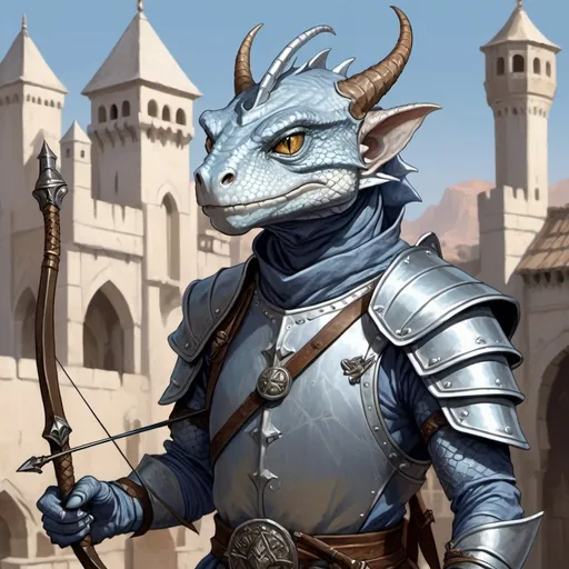 Prompt: a silver lizard-kobold from Dungeons and Dragons with a horned head and a bow in his hand wearing pale indigo arabic armor, holding a bow at the ready in his hand, standing in front of a medieval oriental fantasy city background, Art of Brom, sots art, epic fantasy character art, a character portrait