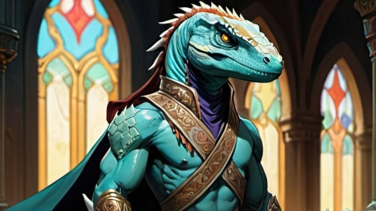 Prompt: A lizardfolk paladin with a khopesh in his right hand, slim athletic build, his muzzle looks like a velociraptor, he smiles reservedly, his scales are pale blue, he mysteriously looks somewhere into the distance. He is dressed in oriental style metal heavy armor, he is wearing a silk scarf that flutters in the wind. Behind his back is a turquoise cloak. He stands against the background of a fantasy temple interior, colored stained glass windows from which daylight falls, curtains hanging down to the floor. Art of Brom, fantasy art, epic fantasy character art, concept art