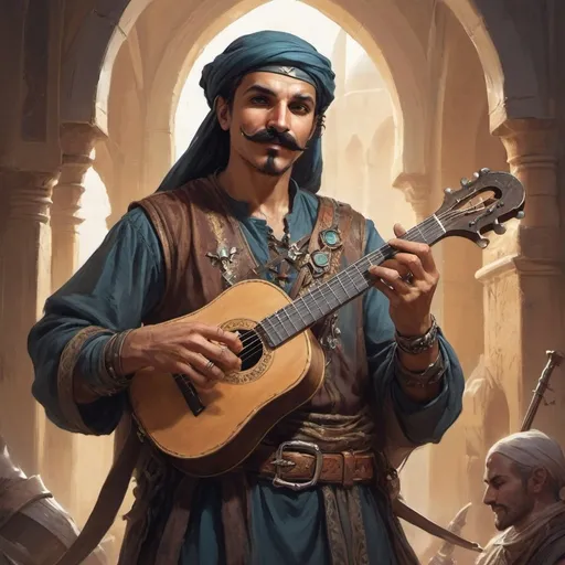 Prompt: a arabian man with a mustache, he is a bard from Dungeons and Dragons, 
hold a musical instrument in hands, Aleksi Briclot, antipodeans, epic fantasy character art