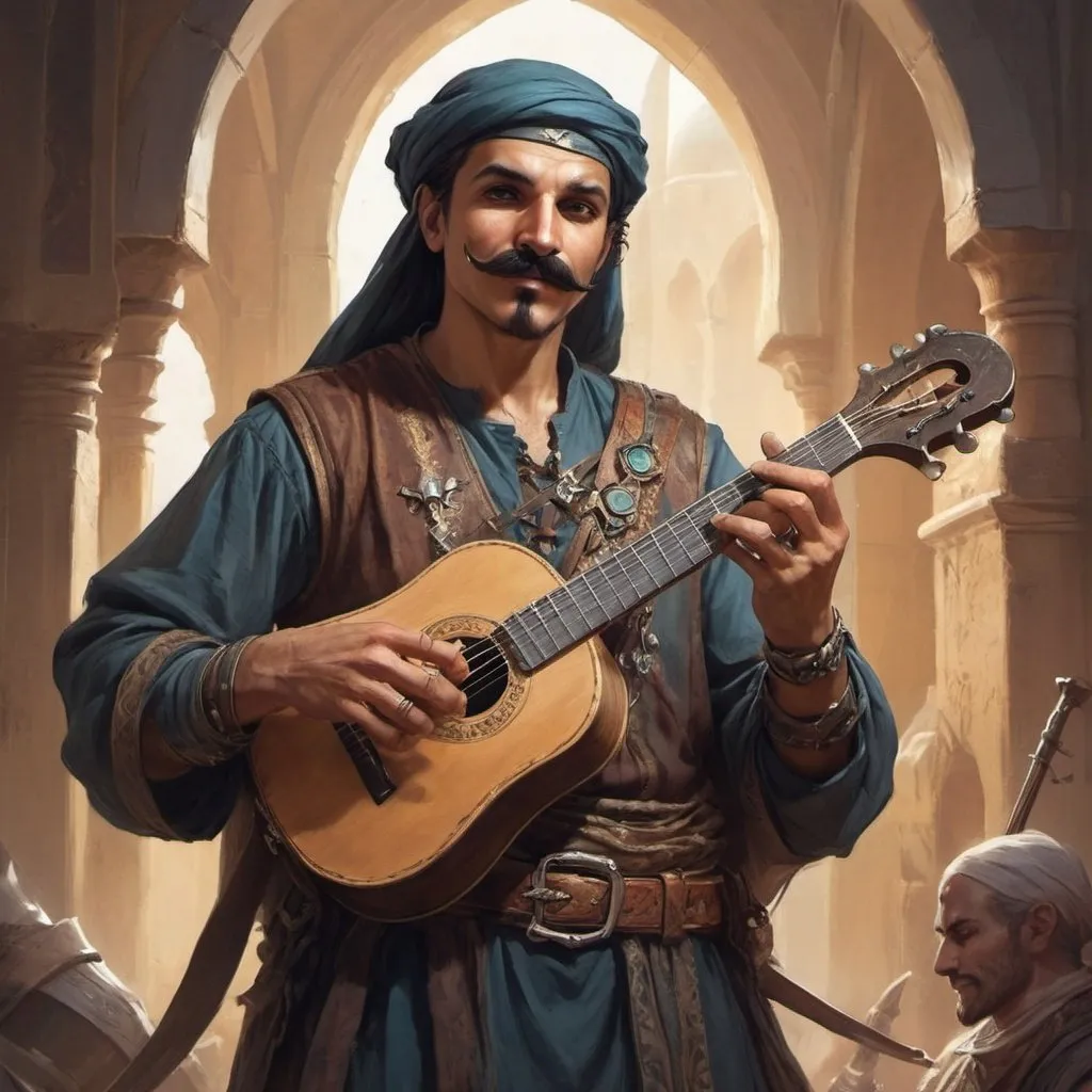 Prompt: a arabian man with a mustache, he is a bard from Dungeons and Dragons, 
hold a musical instrument in hands, Aleksi Briclot, antipodeans, epic fantasy character art