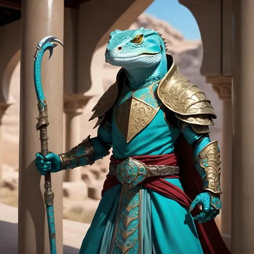 Prompt: A lizardfolk paladin with a khopesh in his right hand, slim athletic build, his muzzle looks like a cayman, he smiles reservedly, his scales are pale blue, he mysteriously looks somewhere into the distance. He is dressed in oriental style metal heavy armor. Behind his back is a turquoise cloak. He stands against the background of a fantasy temple interior, colored stained glass windows from which daylight falls, curtains hanging down to the floor. Highly detailed.