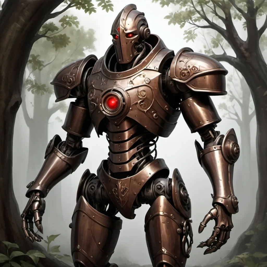 Prompt: a warforged or a robot with cords resembling tree roots reinforced with alchemical fluids serve as muscles that are contained within a bronze frame, the bronze frame resembles the armor of a knight, warforged have beautiful face without a mouth with a hinged jaw and crystalline eyes built under the brow ridges and there is a red spot or mark on the robot's forehead, full-length, neutral dark background, Cedric Seaut (Keos Masons), steampunk