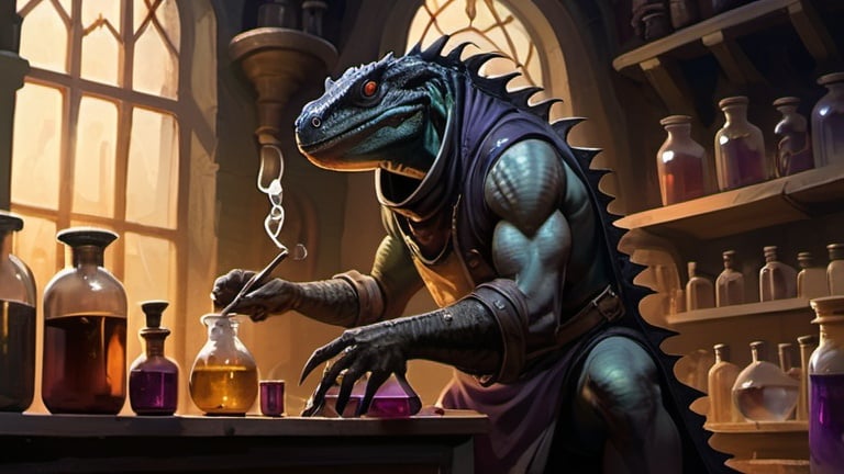 Prompt: A black lizardman alchemist prepares potions in front of interior of a fantasy alchemical laboratory, Art of Brom, fantasy art, epic fantasy character art, concept art