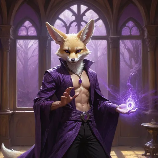 Prompt: male kitsune-fennec in a bare-chested revealing black outfit with purple energy covering his hand in front of the interior of an medieval aristocrat's house creates rays of purple energy, Donato Giancola, fantasy art, epic fantasy character art, concept art