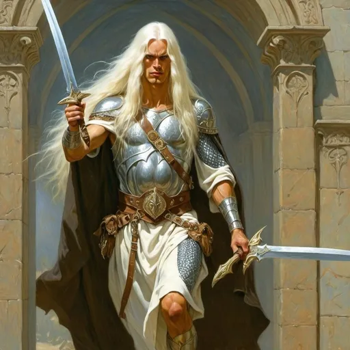 Prompt: a man a long white hair with a long hair dressed like an slavic warrior and dressed in chain mail shirt on holding a scimitar in his hand, Donato Giancola, fantasy art, epic fantasy character art, concept art