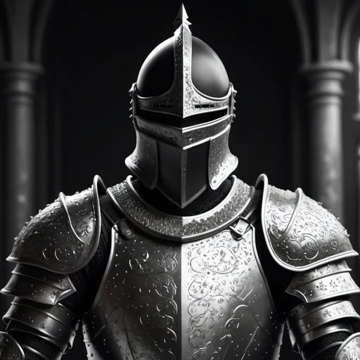 Prompt: a black and white photo of a black knight armor with metal flakes on it's chest and shoulders, without helmet, with a background, Andries Stock, photorealism, piece of armor, an ambient occlusion render