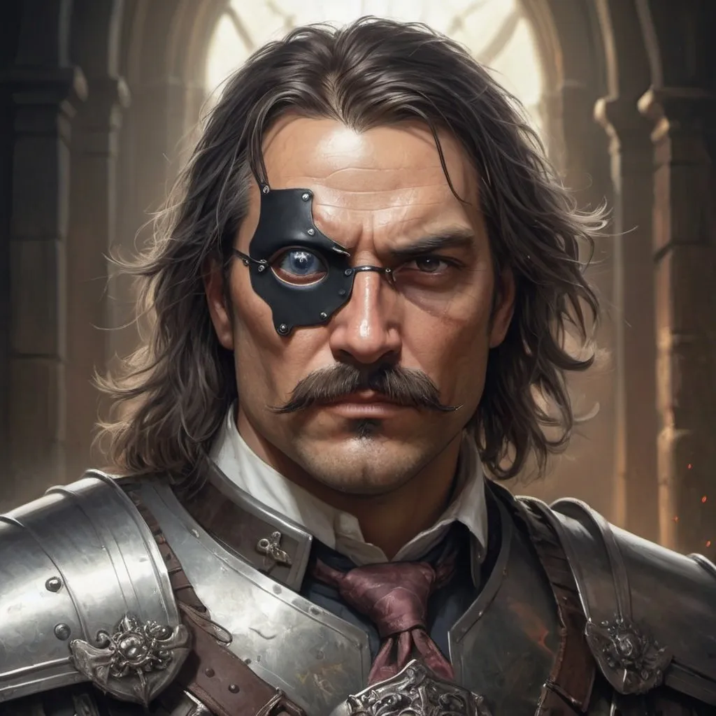 Prompt: a 40 years old man in plate armor wearing a fake eye patch with a tie covering the eye on the left eye and with thick hair and mustache, Aleksi Briclot, antipodeans, epic fantasy character art