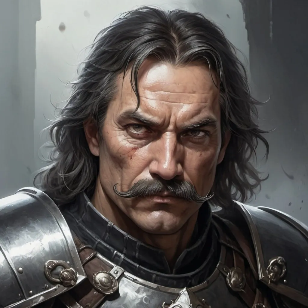 Prompt: a 50 years old man in plate armor with a tight black bandage covering his left eye and with thick hair and mustache, Aleksi Briclot, antipodeans, epic fantasy character art