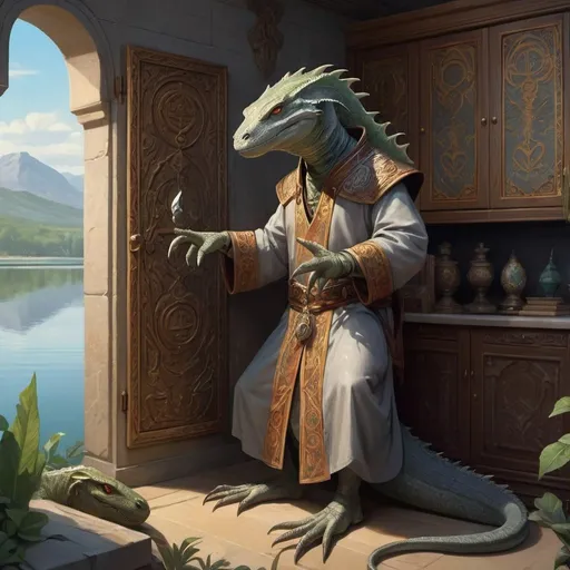 Prompt: a grey lizardman mage  in armenian clothes creates magical seals in front of interior of cabinet overlooking the lake and vegetation in Byzantine style, Art of Brom, fantasy art, epic fantasy character art, concept art