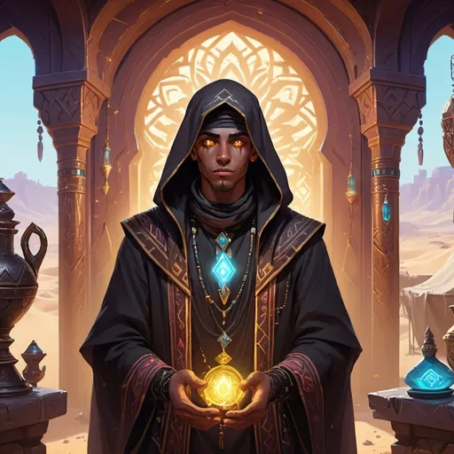 Prompt: a young man-priest dressed as a Bedouin with glowing eyes in front of richly decorated wizard’s chambers during the day, Dr. Atl, vanitas, league of legends splash art, cyberpunk art
