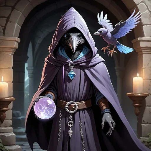 Prompt: The young witch Kenku from Dungeons and Dragons. He casts a magic spell and lilac streams of magical energy and lilac lightning burst out of his paws, and magical seals appear. He is thin, he has gray plumage, and his facial features are refined, his face looks like a crow. Kenku is excited and smiles playfully. He wears a hood, a long dark gray cloak, and the front of the cloak is fastened with a silver chain near his collarbones. A silver brooch with a pale blue gem is attached to the robe on the left chest. In the background, the interior of a stone medieval building. Night. High detailed.