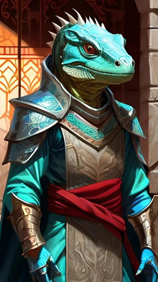 A lizardfolk paladin with a khopesh in his right han...