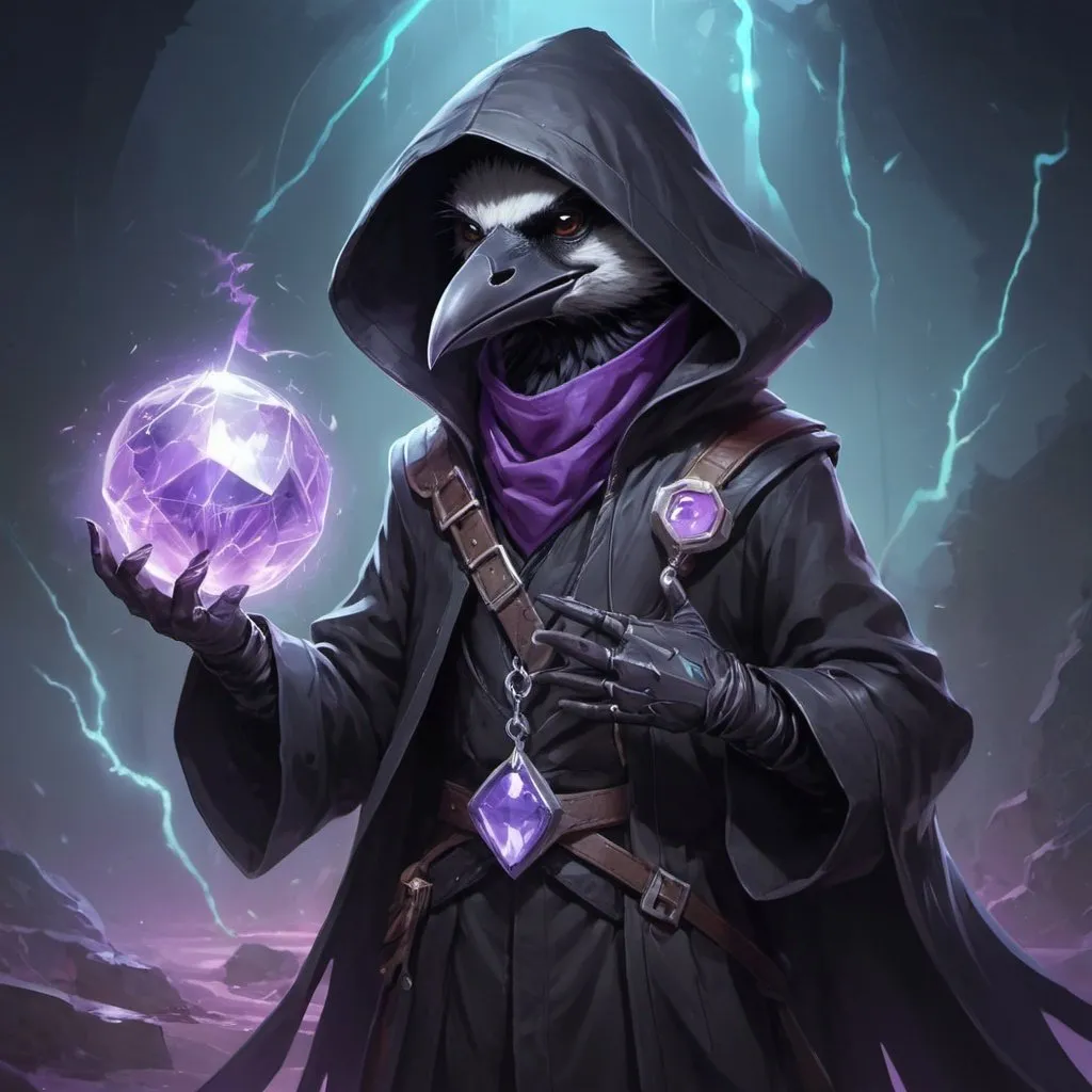 Prompt: a young friendly kenku crow in a black outfit with a silver brooch with a pale blue gem holding a purple object in his hand and a purple magical lightning in his other hand, Dr. Atl, vanitas, league of legends splash art, cyberpunk art