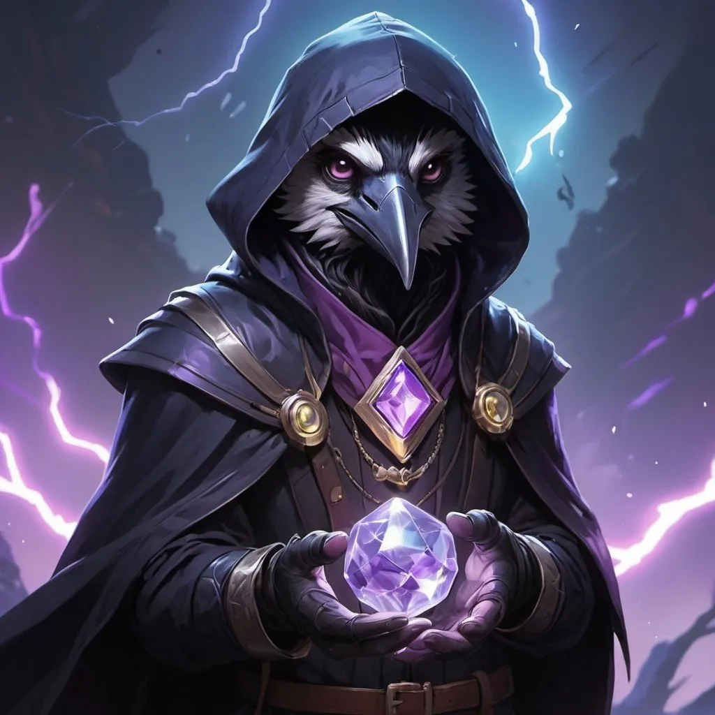 Prompt: a young friendly kenku crow in a black outfit with a silver brooch with a pale blue gem holding a purple object in his hand and a purple magical lightning in his other hand, Dr. Atl, vanitas, league of legends splash art, cyberpunk art