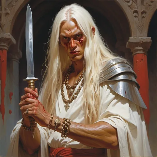 Prompt: a tall man with a long white hair  dressed like an slavic warrior with a saber and tattered chain mail shirt on from Transylvania holding a knife in his hand and a bloody face, Donato Giancola, fantasy art, epic fantasy character art, concept art