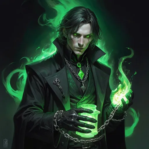 Prompt: a necromancer human from DnD in a black coat and gloves with small scars on the face and green eyes with medium length hair holding a green light up glove in his hands and a chain around his waist creates a funnel of magical green flame, Aleksi Briclot, gothic art, deviantart artstation, a fine art painting