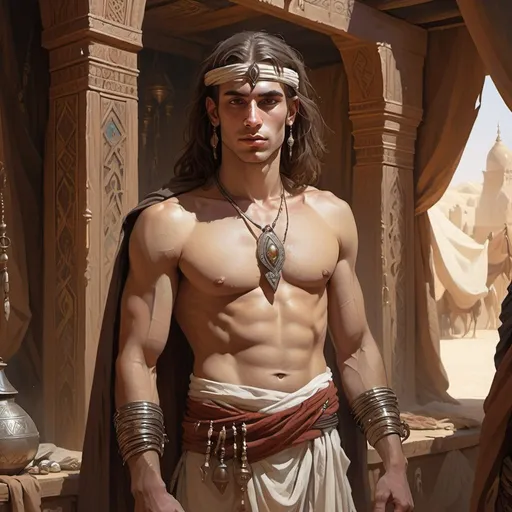 Prompt: a young bare-chested man-priest dressed as a Bedouin and dressed in 
light loincloth in front of richly decorated wizard’s chambers during the day, Art of Brom, fantasy art, epic fantasy character art, concept art
