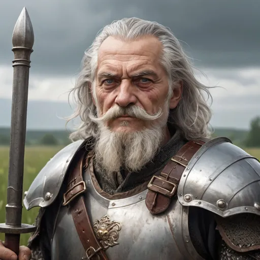 Prompt: a old man in plate armor with a mace in his hand and with eye patch on his left eye and with thick gray hair and mustache, stands against the backdrop of a meadow in cloudy weather, Aleksander Gine, antipodeans, epic fantasy character art
