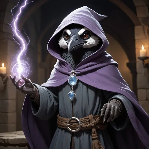 Prompt: The young witch Kenku from Dungeons and Dragons. He casts a magic spell and lilac streams of magical energy and lilac lightning burst out of his paws, and magical seals appear. He is thin, he has gray plumage, and his facial features are refined, his face looks like a crow. Kenku is excited and smiles playfully. He wears a hood, a long dark gray cloak, and the front of the cloak is fastened with a silver chain near his collarbones. A silver brooch with a pale blue gem is attached to the robe on the left chest. In the background, the interior of a stone medieval building. Night. High detailed.