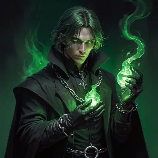 Prompt: a necromancer from DnD in a black coat and gloves with small scars on the face and green eyes with medium length hair holding a green light up glove in his hands and a chain around his waist creates a funnel of magical green flame, Aleksi Briclot, gothic art, deviantart artstation, a fine art painting