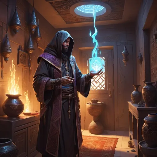 Prompt: a man priest from Dungeons and Dragons dressed as a Bedouin casts a spell of light standing in front of apartments interior, Dr. Atl, vanitas, league of legends splash art, cyberpunk art