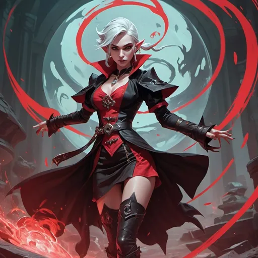 Prompt: a woman elf witch from Dungeons and Dragons in a red and black dress and a black coat and boots causes a whirlwind, Dr. Atl, vanitas, league of legends splash art, cyberpunk art