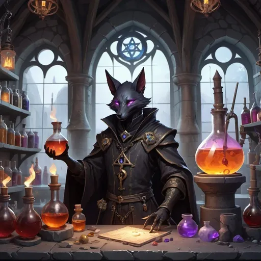 Prompt: A slender humanoid black kitsune dressed as a medieval alchemist mixes potions in front of interior of a fantasy medieval stone 
alchemical laboratory, Dr. Atl, vanitas, league of legends splash art, cyberpunk art