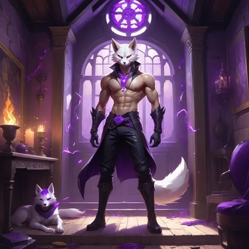 Prompt: male kitsune in a bare-chested revealing black outfit in front of the interior of an medieval aristocrat's house creates rays of purple energy, Dr. Atl, vanitas, league of legends splash art, cyberpunk art