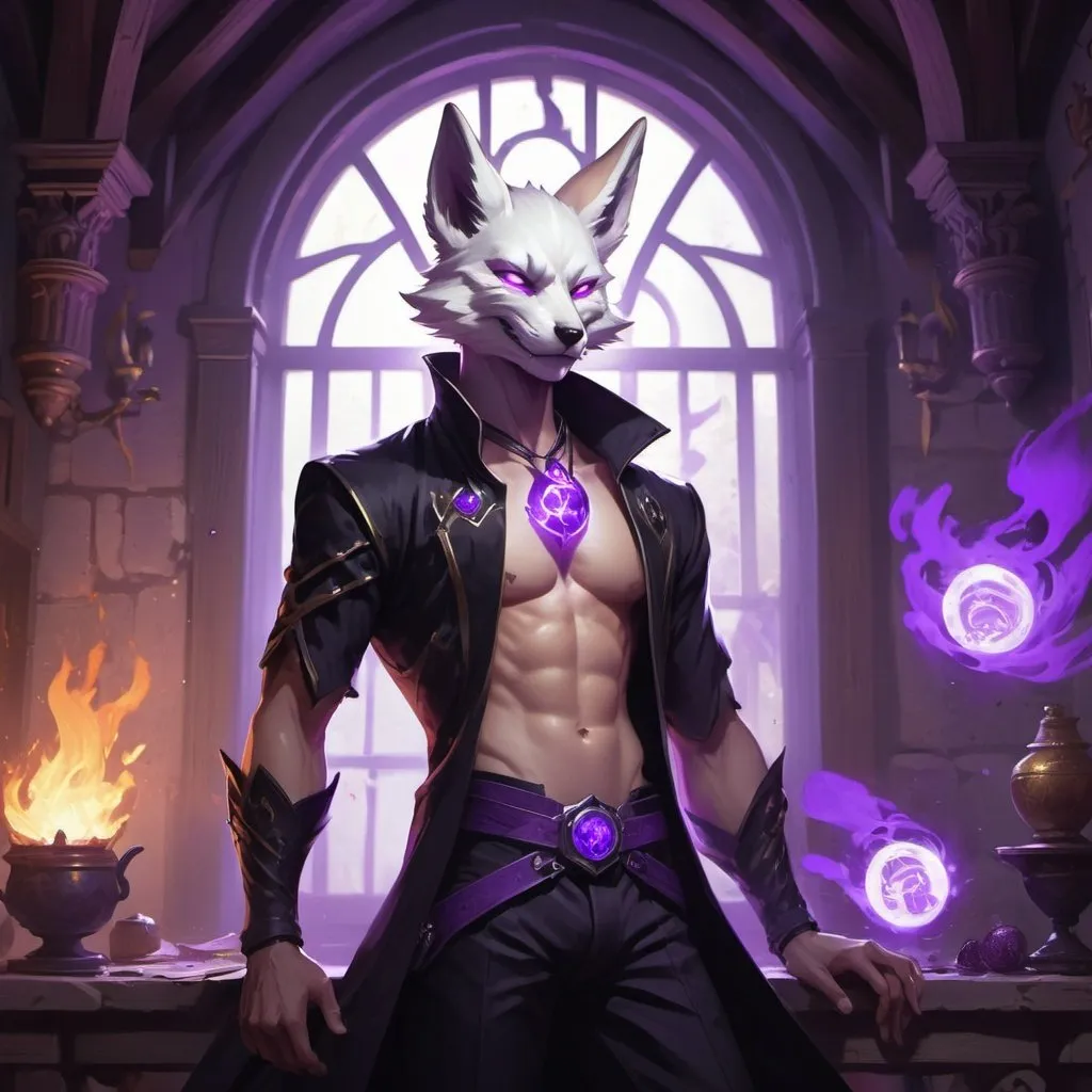 Prompt: male kitsune in a bare-chested revealing black outfit in front of the interior of an medieval aristocrat's house creates rays of purple energy, Dr. Atl, vanitas, league of legends splash art, cyberpunk art