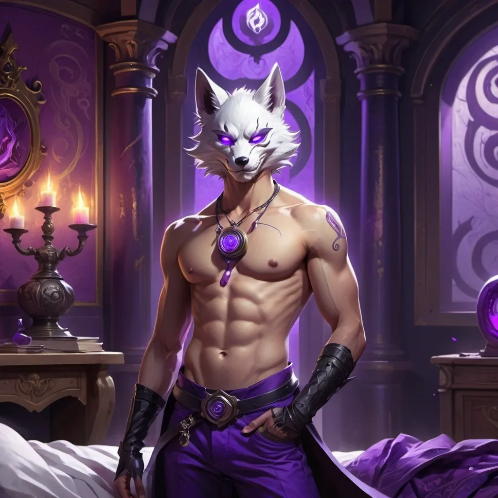 Prompt: male kitsune in a bare-chested revealing outfit in front of the interior of an medieval aristocrat's bedroom creates spirals of purple energy, Dr. Atl, vanitas, league of legends splash art, cyberpunk art