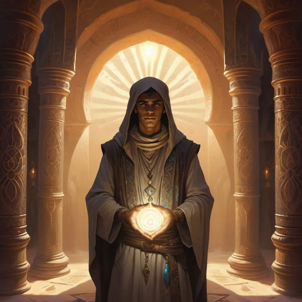 Prompt: a young man-priest dressed as a Bedouin with glowing eyes with rays of light in his hands in front of richly decorated wizard’s chambers during the day, Art of Brom, fantasy art, epic fantasy character art, concept art
