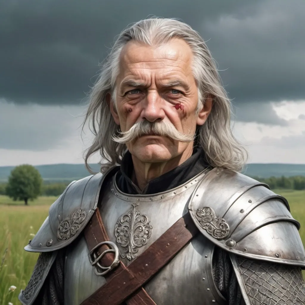 Prompt: a old man in Hussite armor with eye patch on his left eye and with thick gray hair and mustache, stands against the backdrop of a meadow in cloudy weather, Aleksander Gine, antipodeans, epic fantasy character art