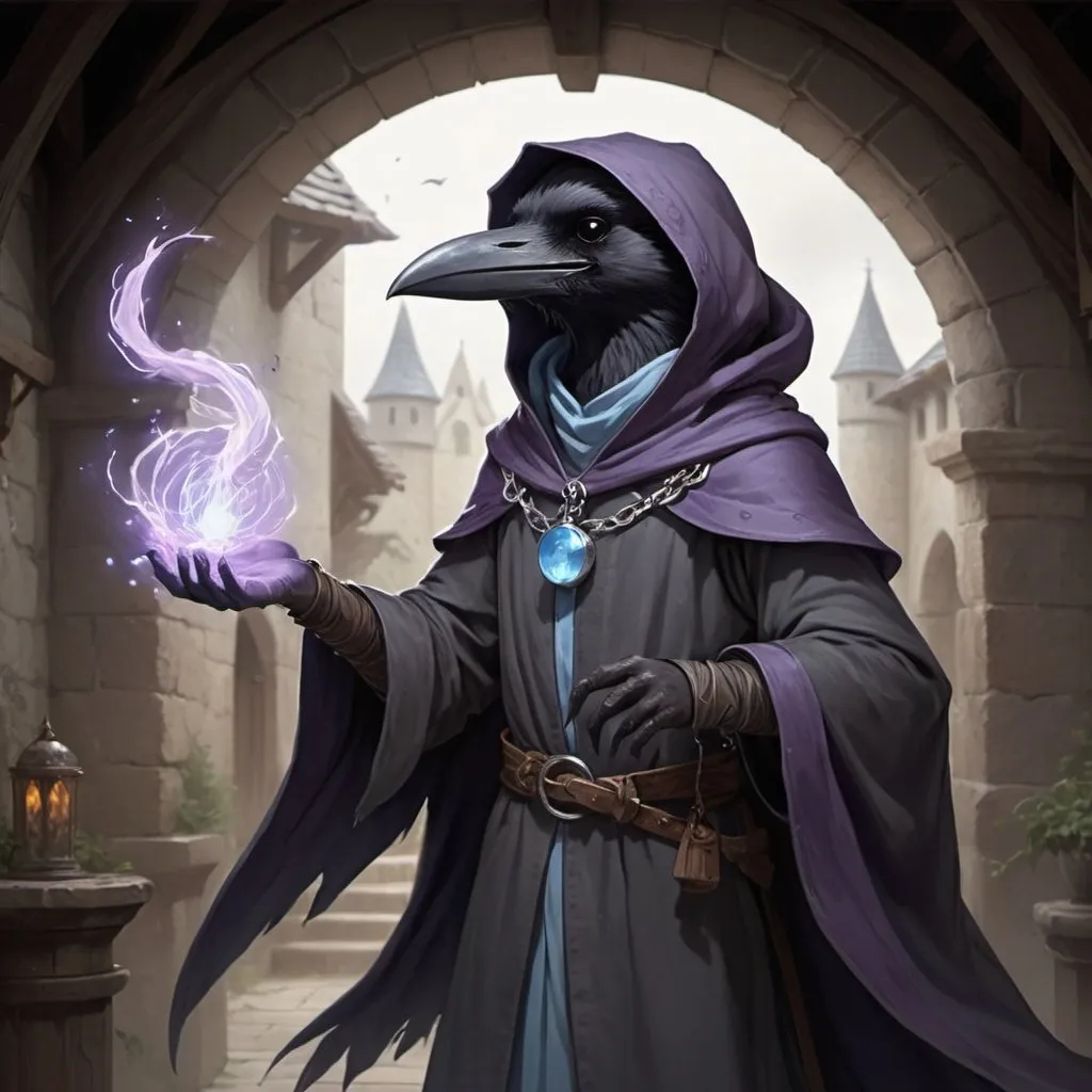 Prompt: The young witch Kenku from Dungeons and Dragons. He casts a magic spell and lilac streams of magical energy and lilac lightning burst out of his paws, and magical seals appear. He is thin, he has gray plumage, and his facial features are refined, his face looks like a crow. Kenku is excited and smiles playfully. He wears a hood, a long dark gray cloak, and the front of the cloak is fastened with a silver chain near his collarbones. A silver brooch with a pale blue gem is attached to the robe on the left chest. In the background, the interior of a stone medieval building. Night. High detailed.