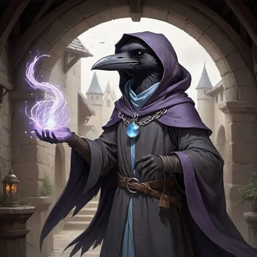 Prompt: The young witch Kenku from Dungeons and Dragons. He casts a magic spell and lilac streams of magical energy and lilac lightning burst out of his paws, and magical seals appear. He is thin, he has gray plumage, and his facial features are refined, his face looks like a crow. Kenku is excited and smiles playfully. He wears a hood, a long dark gray cloak, and the front of the cloak is fastened with a silver chain near his collarbones. A silver brooch with a pale blue gem is attached to the robe on the left chest. In the background, the interior of a stone medieval building. Night. High detailed.