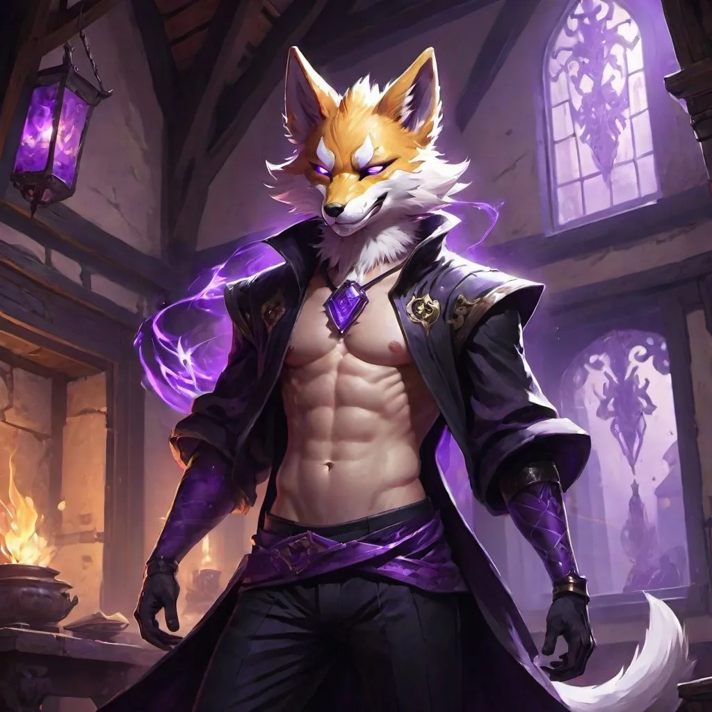 Prompt: male kitsune with furry body like a furry in a bare-chested revealing black outfit in front of the interior of an medieval aristocrat's house creates rays of purple energy, Dr. Atl, vanitas, league of legends splash art, cyberpunk art