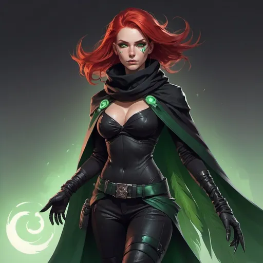 Prompt: a scandinavian woman-witch with red hair and green eyes wearing a black outfit and a black scarf with green feathers on her head and a black snood around her neck and and cape, full length, Dr. Atl, vanitas, league of legends splash art, cyberpunk art