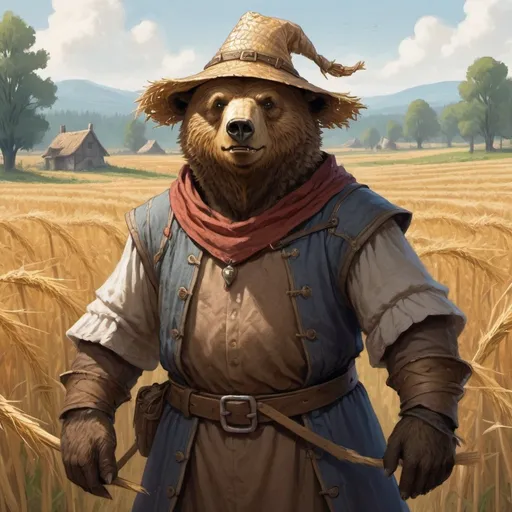 Prompt: a humanoid bear peasant from DnD with straw flattened hat is standing in a medieval peasant fields in the background, Chris Rahn, fantasy art, epic fantasy character art, a character portrait
