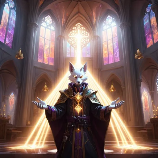 Prompt: kitsune priest with rays of light in his hands in front of fantasy cathedral interior during the day, Dr. Atl, vanitas, league of legends splash art, cyberpunk art