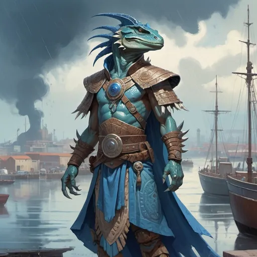 Prompt: a pale lizardman mage in modernized Aztec armor with long blue garments, he casts a rain spell, standing in front of a harbor and port, Art of Brom, fantasy art, epic fantasy character art, concept art