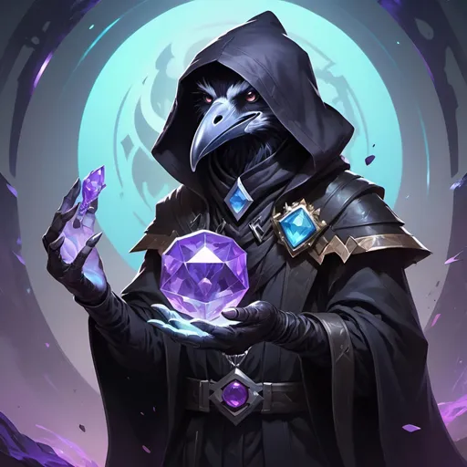 Prompt: a young kenku crow in a black outfit with a silver brooch with a pale blue gem holding a purple object in his hand and a purple magical energy in his other hand, Dr. Atl, vanitas, league of legends splash art, cyberpunk art