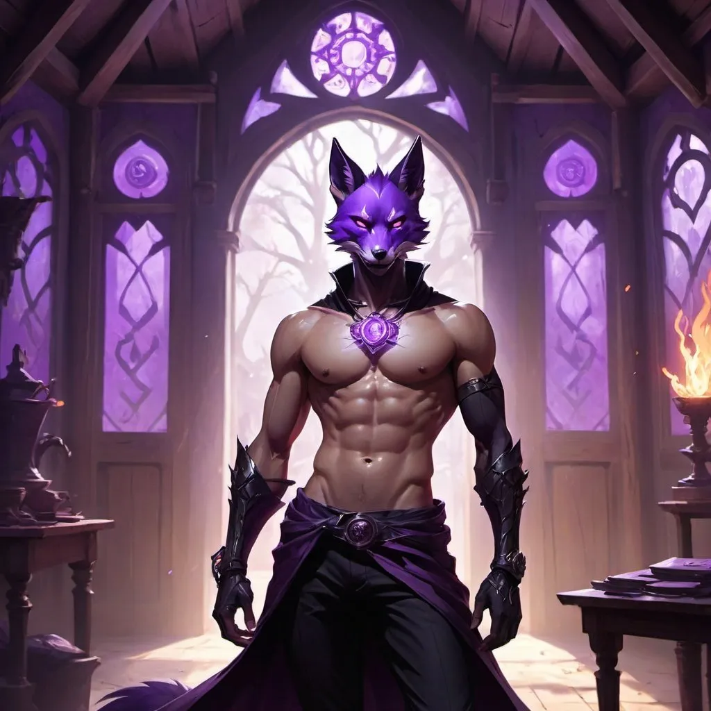 Prompt: male kitsune in a bare-chested revealing black outfit in front of the interior of an medieval aristocrat's house creates rays of purple energy, Dr. Atl, vanitas, league of legends splash art, cyberpunk art