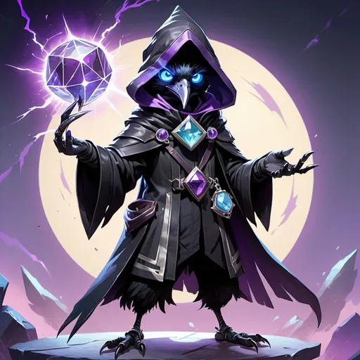 Prompt: a young friendly kenku crow in a black outfit with a silver brooch with a pale blue gem holding a purple object in his hand and a purple magical lightning in his other hand, Dr. Atl, vanitas, league of legends splash art, cyberpunk art