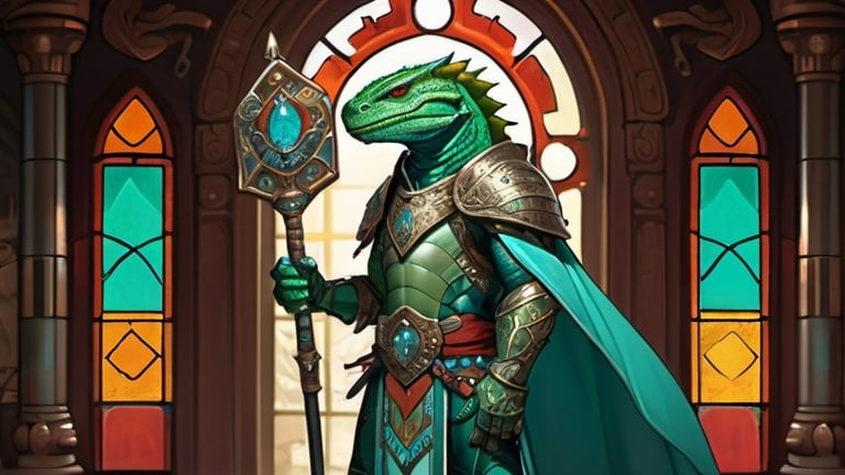 Prompt: A green lizardman paladin with mace in his hand dressed in oriental style metal heavy armor and a silk scarf and turquoise cloak, standing against the background of a fantasy Aztec temple interior with colored stained glass windows and curtains, Art of Brom, fantasy art, epic fantasy character art, concept art