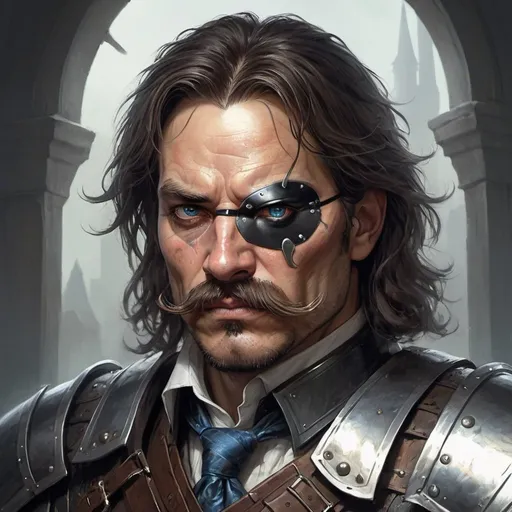 Prompt: a 40 years old man in plate armor wearing a fake eye patch with a tie on the left eye covering the eye and with thick hair and mustache, Aleksi Briclot, antipodeans, epic fantasy character art