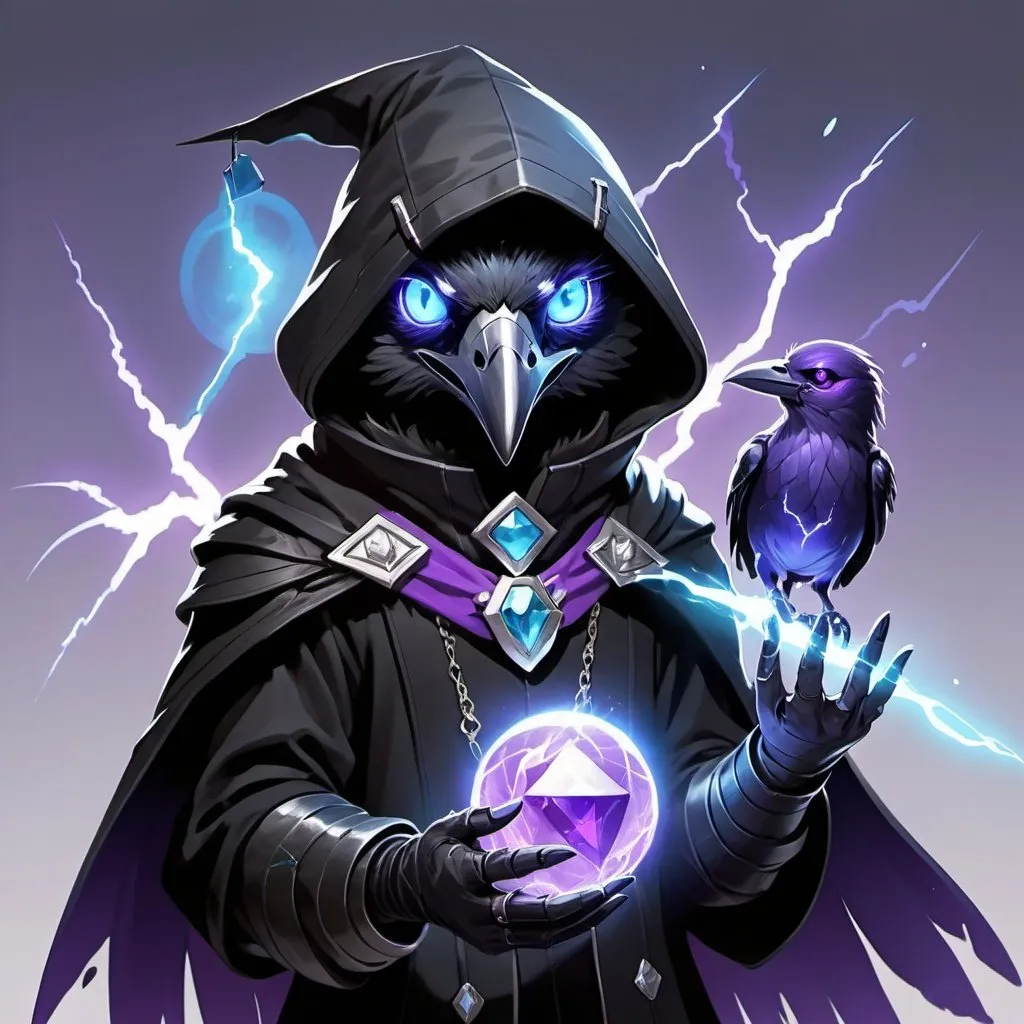 Prompt: a young friendly kenku crow upper part of the muzzle is white blue eyes in a black outfit with a silver brooch with a pale blue gem holding a purple object in his hand and a purple magical lightning in his other hand, Dr. Atl, vanitas, league of legends splash art, cyberpunk art