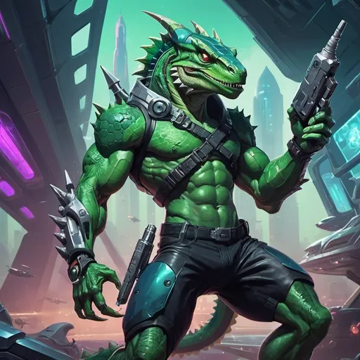 Prompt: A muscular green lizardman, armed with a syringe pistol, stands against the backdrop of a futuristic spaceship, Dr. Atl, vanitas, league of legends splash art, cyberpunk art